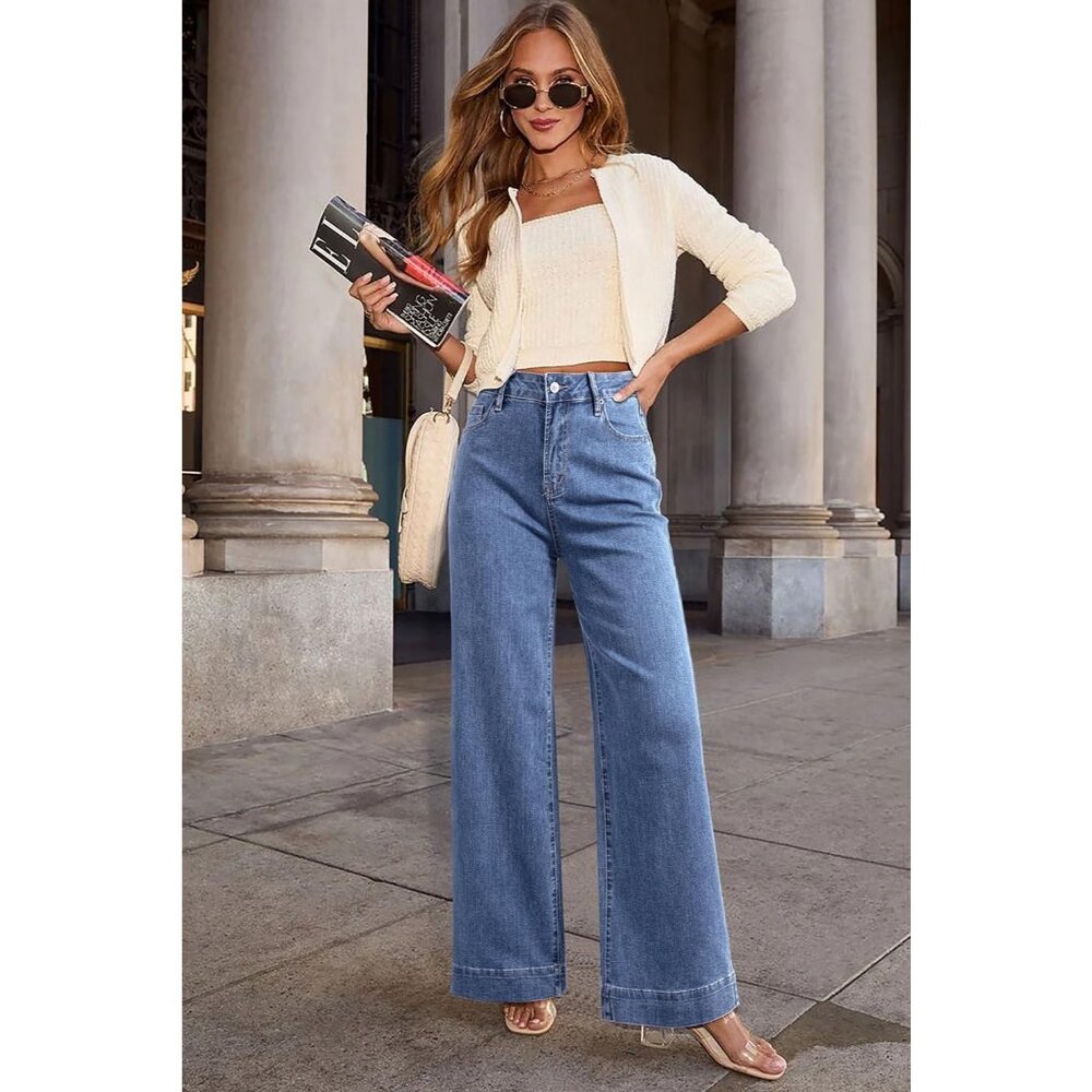 Women's Myosotis Waisted Wide Leg Denim Jeans Stretchy Loose Pants with Pockets - Picture 3 of 6